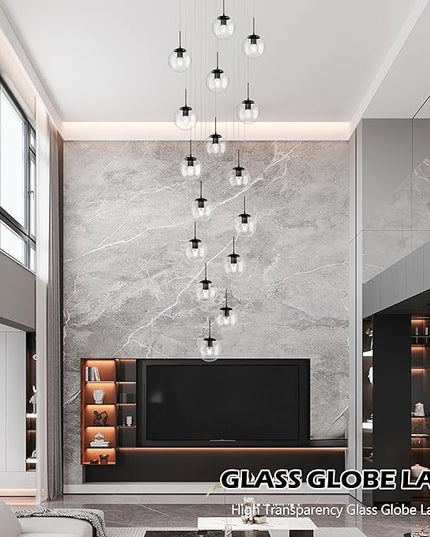KoKo&Yukina 16-Light Black Mid Century Modern Chandelier for Living Room Staircase Chandelier for Entryway Clear Globe Glass Chandelier High Ceiling Chandeliers Foyer Entryway (Bulb & Remote Incl.)