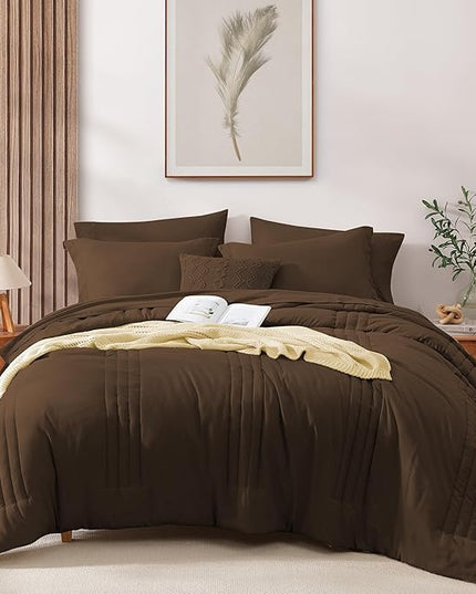 Monbix Queen Comforter Set - 7 Pieces Chocolate Brown Bed in a Bag Queen Bedding Sets with Comforters, All Seasons Down Alternative Comforter Bed Set with Sheets, Pillowcases & Shams