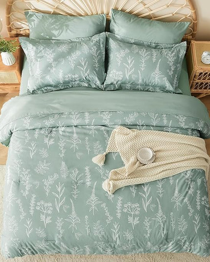MUXHOMO Twin Comforter Set, Sage Green Elegant Floral Print Bed in a Bag 5 Pieces, Ultra Soft & Breathable Reversible Botanical Pattern Bedding Set with Comforter, Sheets, Pillowcases, and Shams