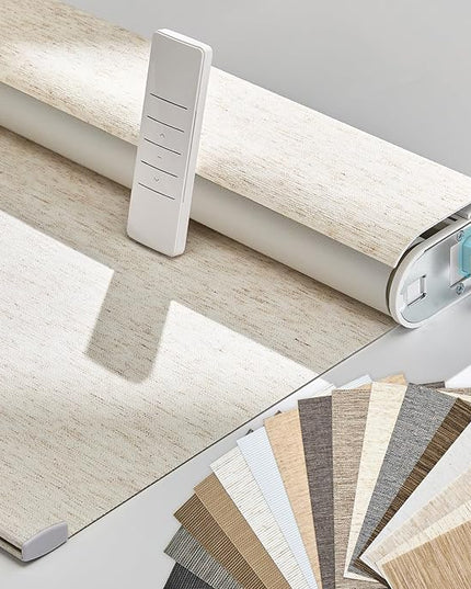 Persilux Smart Motorized Blinds with Remote, No Drill Automatic Roller Shades for Indoor Windows, Blackout Linen Fabric, Electric Blinds for Windows, Linen Cream C156BO-1, Custom Size