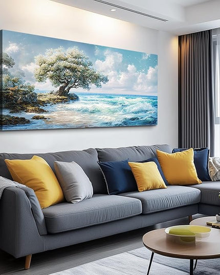 XIGUANGART Coastal Canvas Prints Wall Art Beach Sunset Ocean Waves Nature Pictures Trees on Rock Blue Painting Seascape Wall Decor for Living Room Bedroom Bathroom Home Office Artwork 40L x 20W