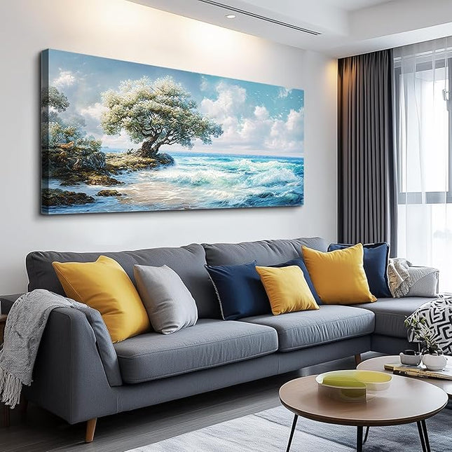 XIGUANGART Coastal Canvas Prints Wall Art Beach Sunset Ocean Waves Nature Pictures Trees on Rock Blue Painting Seascape Wall Decor for Living Room Bedroom Bathroom Home Office Artwork 40L x 20W