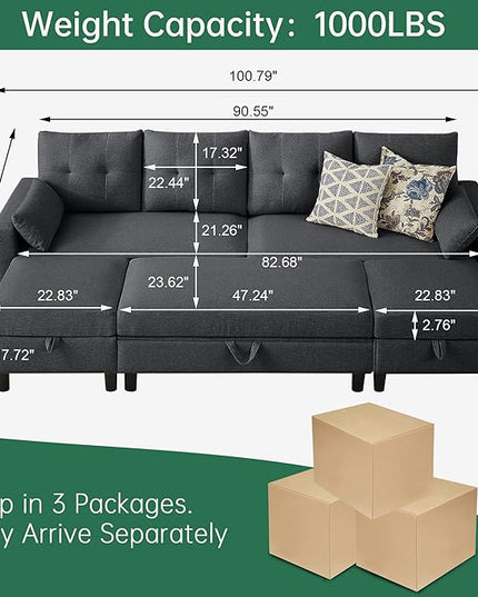 Convertible Sectional Sofa with Storage Ottoman Bench, 101" U Shaped Couch 4-Seat Sofa Set for Living Room/Apartment, Sectional Couch with Movable Ottoman, Darkgrey