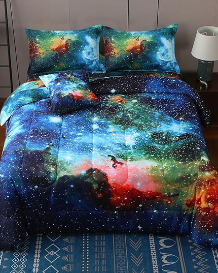 JQinHome Twin Galaxy Comforter Sets 6 Piece Bed in A Bag, Outer Space Themed Bedding for Children Boy Girl Teen Kids,1 Comforter, 1 Flat Sheet, 1 Fitted Sheet, 2 Pillowshams, 1 Cushion Cover(Blue)