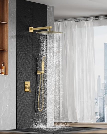 SR SUN RISE Shower Faucets Sets Complete Brushed Gold Square Rain Shower Head with Handheld Spray All Metal Shower Faucet Trim Repair Kits (Contain Shower Valve)