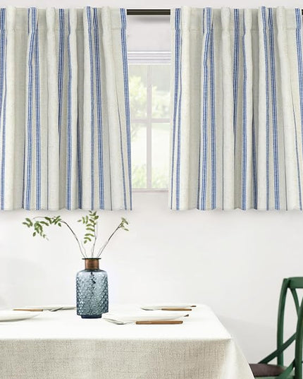 DriftAway Farmhouse Linen Blend Blackout Curtains 36 Inches Long for Bedroom Vertical Striped Printed Linen Curtains Thermal Insulated Lined Treatments for Living Room 2 Panels W52 x L36 Linen Navy