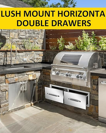 Outdoor Kitchen Drawers 30" W x 10" H x 20" D Flush Mount Horizontal Double Drawers with Chrome Handle,Stainless Steel Built-in BBQ Drawer for Outdoor Kitchen Island, Patio Grill Station