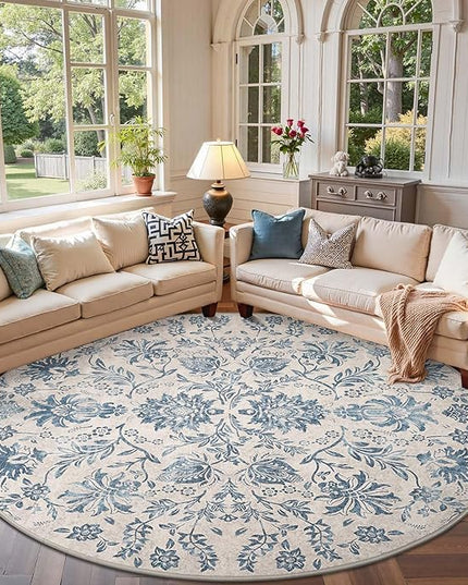 jinchan Torino Classic Floral Round Rug 8ft, Vintage-Inspired Design 8’Circle Rug, Machine Washable Ultra-Thin Low-Pile Non-Slip Indoor Carpet for Bedroom Dining Room Living Room, Dark Blue