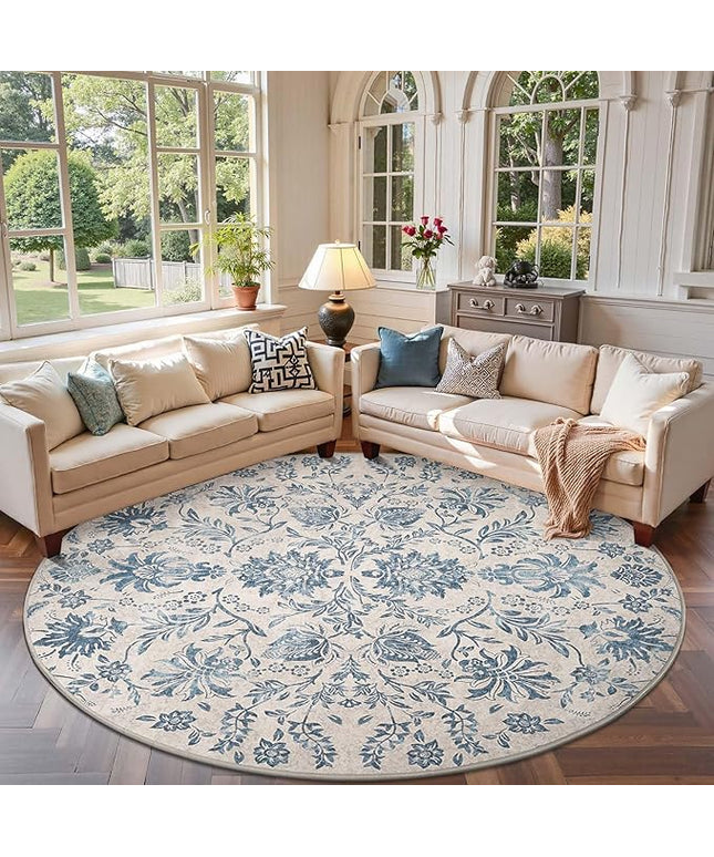 jinchan Torino Classic Floral Round Rug 8ft, Vintage-Inspired Design 8’Circle Rug, Machine Washable Ultra-Thin Low-Pile Non-Slip Indoor Carpet for Bedroom Dining Room Living Room, Dark Blue