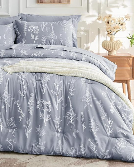 MUXHOMO Light Grey Full Comforter Set, Elegant Floral Print Bed in a Bag 7 Pieces, Ultra Soft & Breathable Reversible Botanical Pattern Bedding Set with Comforter, Sheets, Pillowcases, and Shams