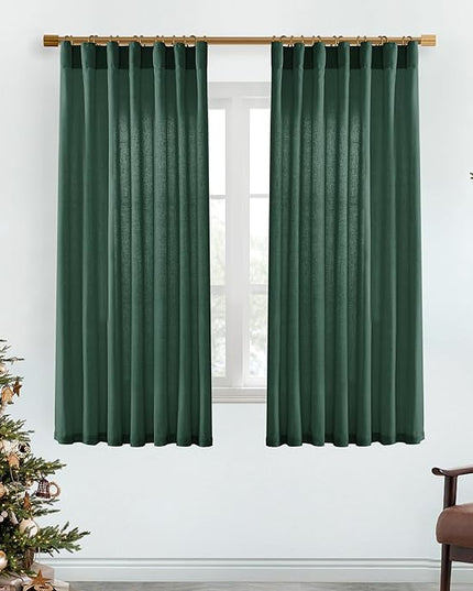 XTMYI Dark Green Curtains for Bathroom Set Decor,Linen Sheer Leaf Green Boho Curtains for Kitchen 63 Inch Length 2 Panels,Deep Pine