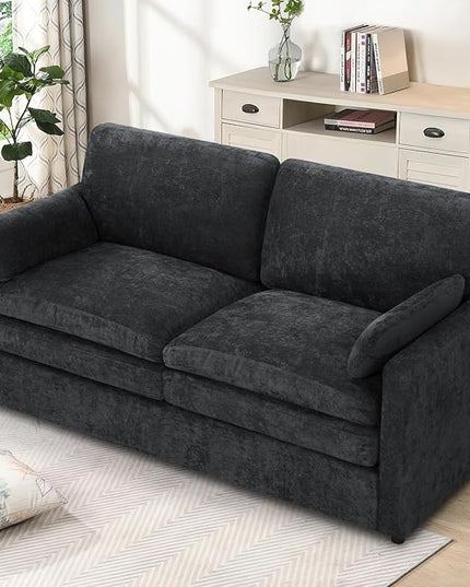 69" Chenille 2 Seats Sofa with 2 Pillows, Modern Upholstered Sofa with Deeper Seats, Comfy Sofa with Thickened Cushions for Living Room, Apartment, Black