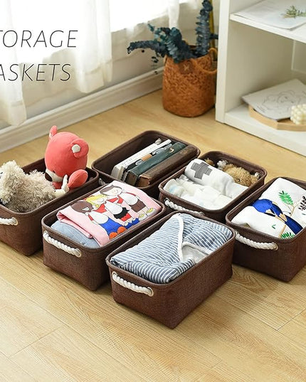 TheWarmHome Storage Basket for Organizing - 12x8x5 inch Small 6 Pack Collapsible Storage Bin for Shelves with Handles, Canves Storage Box for Cloth Closet Organizer Gift Toy (Brown)