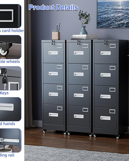 METAN 4 Drawer File Cabinet on Wheels, Lockable Metal Filing Cabinet with Handle and Name Card for Office Home,Assembly Required,Black