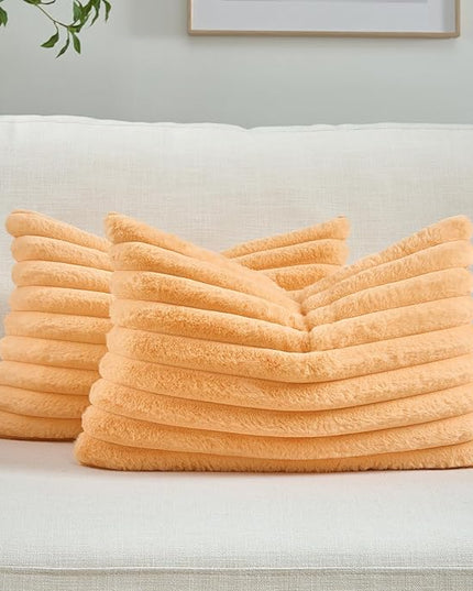 FUTEI Orange Throw Pillow Covers Set of 2, 12x20 Inch Striped Texture Lumbar Pillow Cases with Soft Faux Rabbit Fur Front & Velvet Back, Modern Decorative Couch Pillows for Living Room