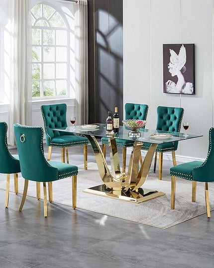 70" Modern Gold Glass Dining Table Set for 6, 7-Piece Rectangle Kitchen Dining Room Table Set with Steel Base & 6 Green Velvet Upholstered Chairs, Modern Glass Kitchen Table and Chairs Set of 6