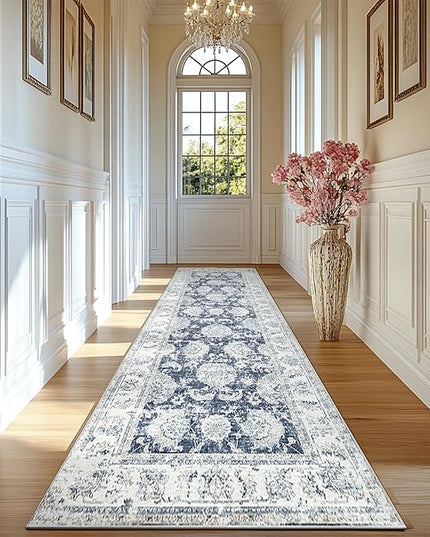 jinchan Fiora Long Hallway Runner Rug 2x12 Machine Washable Runner Rug Dark Blue Vintage Floral Design Non-Slip Ultra-Thin for Kitchen Laundry Room Bedroom Farmhouse (2‘x12', Dark Blue)