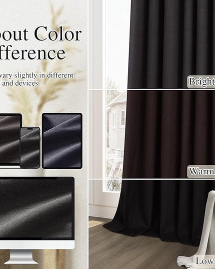 Guken Black Linen Blackout Curtains 96 Inch Length 2 Panels Set for Living Room Bedroom Back Tab Thermal Insulated 100% Black Out Linen Drapes Room Darkening Window Curtains 96 Inches Long