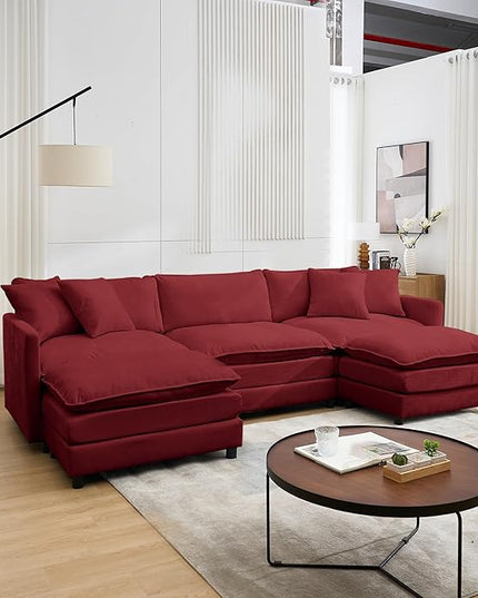 Modular Sectional Sofa,108.27'' Modern Corduroy Sofa Set for Living Room with 3 Seat & 2 Ottoman & 3 Pillows, Comfy Cloud Couches with Movable Ottoman, DIY Combination, Chenille (Wine red, U Shaped)
