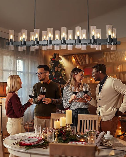 Black Linear Chandeliers for Dining Room, 54" Rectangle Chandelier with Glass, 16-Light Modern Chandeliers Over Table, Farmhouse Chandelier for Kitchen Island, Industrial Pendant Light Fixtures
