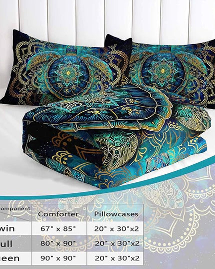 AILONEN Ethnic Turtle Bedding Set Queen Size - Blue Green Starry Mandala Boho Comforter Set with 2 Pillowcases,3-Piece Bedding