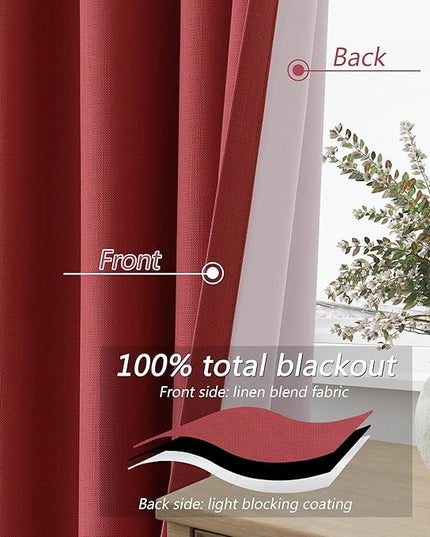 Guken Red Blackout Curtains 108 Inch Length 2 Panels Set for Living Room Bedroom Back Tab Thermal Insulated 100% Black Out Linen Drapes Room Darkening Window Curtains 108 Inches Long