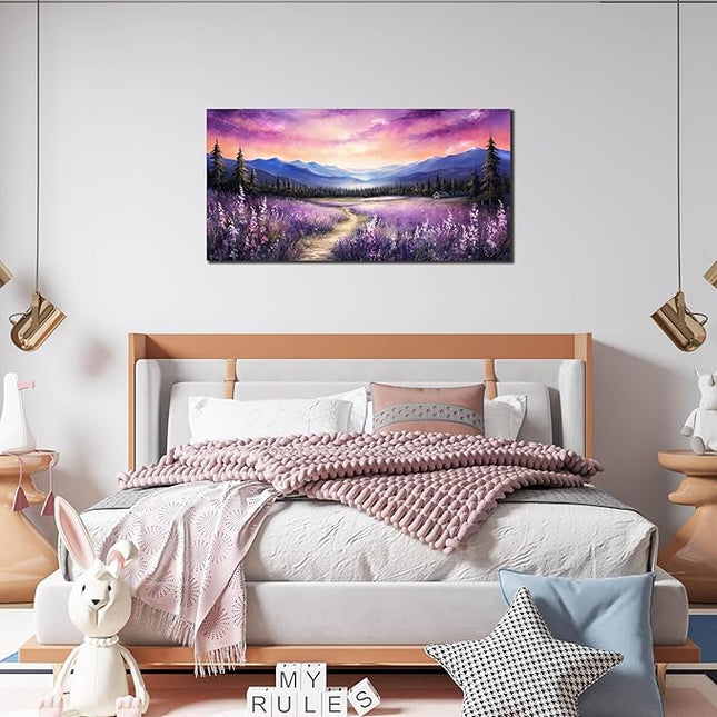 Zoyotago Canvas Wall Art Sunrise Blue Landscape Wall Art Purple Flower Canvas Print Modern Home Decor for Living Room Bedroom Office 20x40 Inch