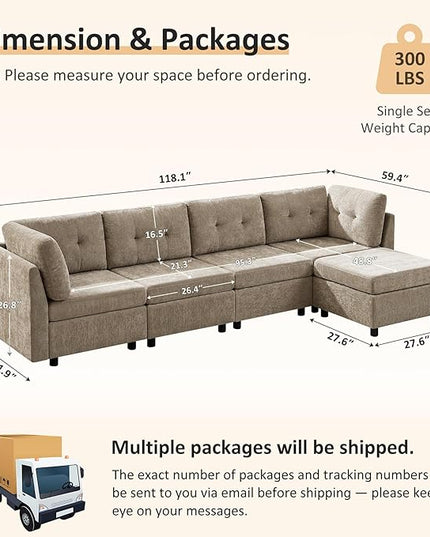 VANOMi 118" Modular Cloud Sofa with Ottoman, 4 Seater Modular Sectional Sofas & Couches for Living Room, Cozy Chenille Cloud Sectional Couch Sofas for Living Room, Apartment, Office, Camel, L Shaped