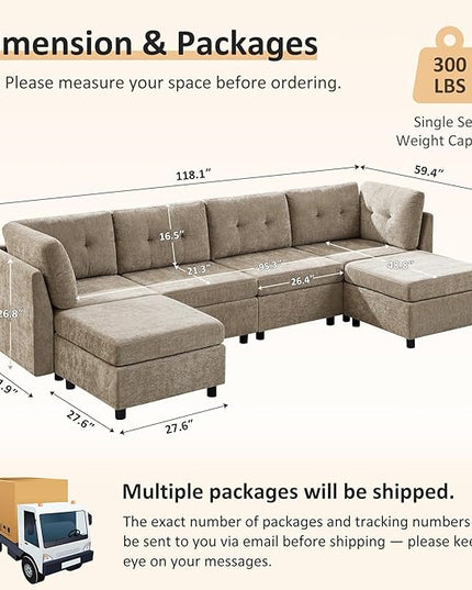 VANOMi 4 Seater Modular Cloud Sofa with 2 Ottomans, 118" Sectional Sofas & Couches for Living Room, Comfy Chenille Cloud Sectional Couch Sofas for Living Room, Apartment, Office, Camel, U Shaped