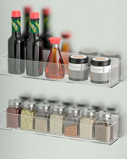 PMMASTO Adhesive Acrylic Spice Rack Organizer for Wall with Nano Double Sided Tape, Spice Shelf Organization for Kitchen Cabinet Door/Pantry Door, Wall Mount Seasoning Rack (Clear-2 Pack)
