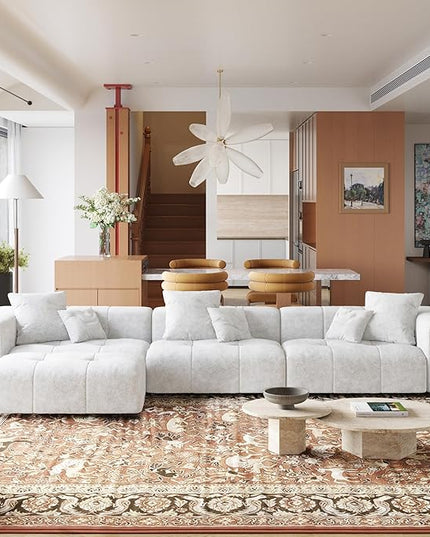 JACH 144.1 Inch L-Shaped Modular Sofas, Modern 3-Seater Couch with Chaise Ottoman, Mid Century Modern Sectional Couches, Cozy Sleeper Sofa for Apartment/Living Room (Linen Fabric, White)