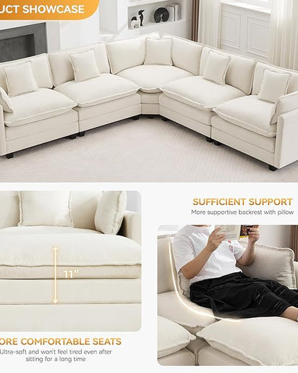 137'' V Shaped Cloud Sectional Sofa, Oversized Deep Seat Couches for Living Room, Chenille Comfy Upholstered Modular Sectional Sofa Couch, Beige