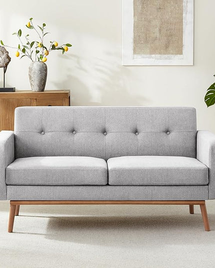 HUIMO Sofa Couch, Mid Century Modern Sofa with Solid Wood Frame, Button Tufted Couch for Bedroom, Living Room, Office, Apartment (Light Grey, 60 inch)