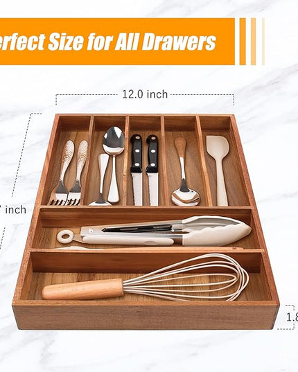 Bellsal Bamboo Silverware Organizer, 12"x15.7" Utensil Holder Cutlery Tray with Grooved Drawer Dividers for Kitchen Flatware, Bedroom, Office (7 Slot, Acacia)