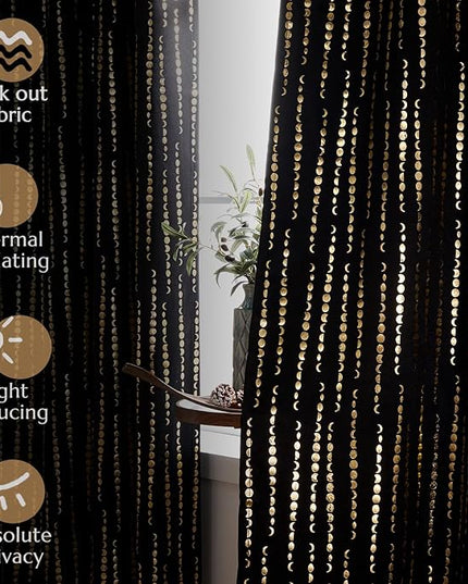 jinchan 95% Blackout Boho Curtains 84 Inch Long for Bedroom Christmas Curtains Moon Phases Printed Festive Holiday Golden on Black Drapes Rod Pocket Back Tab Curtains 2 Panels