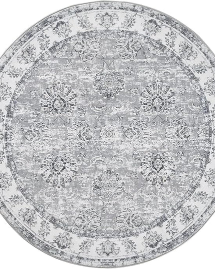 jinchan Fiora Round Rug 6ft Area Rug - Grey Vintage Floor Mat Indoor Ultra-Thin Soft Floral Print - Washable Circle 6' Retro Accent for Farmhouse Non Slip Dining Room Living Room Bedroom Office