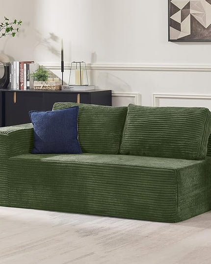 67" Loveseat Sofa, Cloud Modular Couch, Upholstered Floor Sofa with Deep Seat, Upholstered Foam Sofa for Bedroom Living Room, No Assembly Required (Green, Plush Corduroy Fabric)