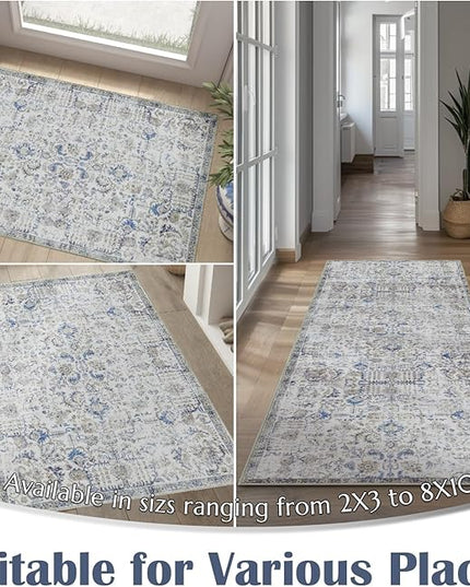 jinchan Kalen Runner Rug 2x6 Washable Area Rug Soft Vintage Hallway Indoor Floor Mat Thin Retro Distressed Carpet Blue Floral Country Non Slip Bathroom Kitchen Bedroom Living Room