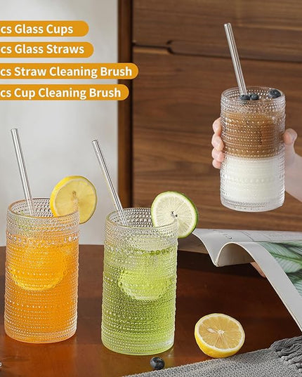 Vintage Hobnail Drinking Glasses Set of 6, 16 oz Large Capacity Embossed Clear Tumblers, Highball Glasses for Water, Cocktail, Beer, Whiskey, Kitchen & Bar Use