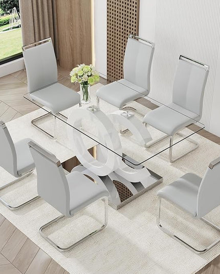 Ebullient Glass Dining Table Set for 6 ，7 Piece Dining Table Set,Tempered Glass Table Top，White Modern Dining Room Table with 6 PU Leather Ergonomic Dining Chairs