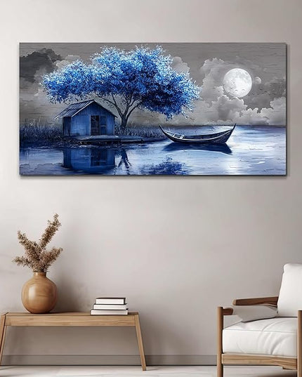 XIGUANGART Large Canvas Wall Art for Living Room Blue Boat and House Picture Paintings Abstract Art Prints Modern Ocean Scenery Artwork Tree of Life Poster for Bedroom Bathroom Office Home Wall Decor