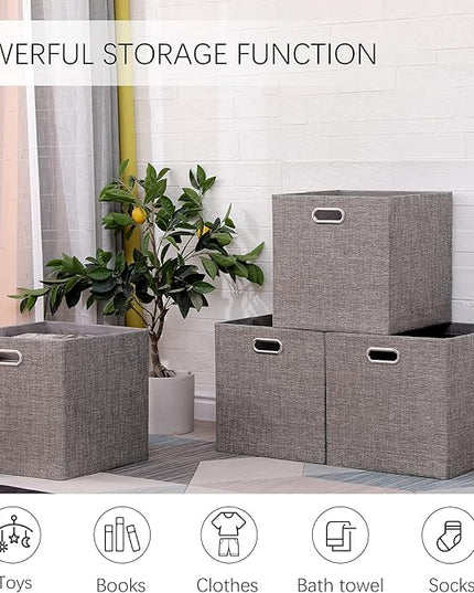 Cube Storage Organizer Bins 13×13x13 Inch, 4 Pack Collapsible Linen Fabric Storage Cubes, Open Home Storage Bins with Handles, Cubby Bins for Kallax Shelf Bookcase Closet Cabinet, Light Coffee