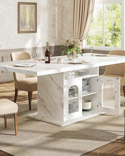 HSH Dining Table for 4–6, 63" Modern Kitchen Dining Room Table with Storage Shelves & Acrylic Door Cabinet,Wood Rectangle Dinner Table with Faux Marble Top for Home Apartment, White Faux Marble