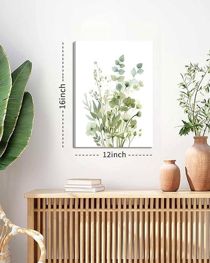 Boho Floral Canvas Wall Art Set of 3, Sage Green Wildflower Botanical Wall Decor Painting, Minimalist Watercolor Flowers Posters Prints for Bedroom Bathroom Living Room 12x16 In Framed