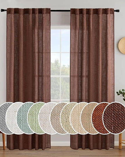 MIULEE Chocolate Brown Linen Curtains 84 Inch Length for Bedroom Living Room, Soft Thick Linen Textured Window Drapes Semi Sheer Light Filtering Back Tab Rod Pocket Burlap Look Decor, 2 Panels