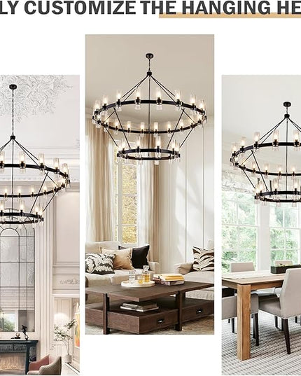60 Inch Black Wagon Wheel Chandelier with Glass Shade, 30 Lights, 2 Tier Modern Farmhouse Chandelier, Pendant Lighting Fixture Ideal for Dining Room, Kitchen, Entryways