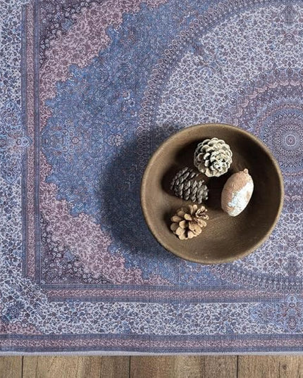 GLN Rugs Traditional Collection - Machine Washable Area Rug, Traditional Washable, Non Slip, Low Pile Chenille Rug, Living Room, Bedroom, Kitchen Rug (2'6"x6'6" Navy/Off White)