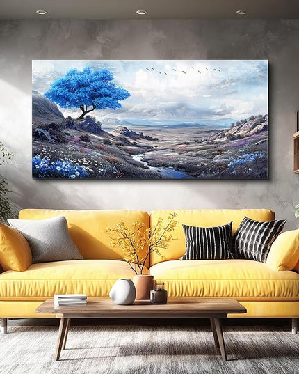 XIGUANGART Blue Flowers Tree of Life Art Prints Painting Landscape Canvas Wall Art for Bedroom Nature Picture Modern Artwork Wall Decor for Living Room Kitchen Home Office Mural Posters Gift 24"X48"
