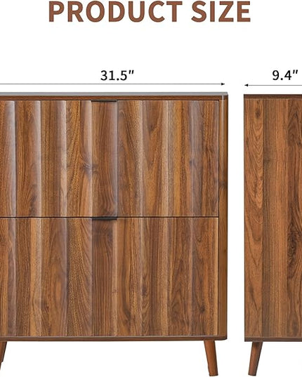 31.5” Fluted Shoe Cabinet Storage with 2 Flip Drawers,Narrow Freestanding Shoe Storage Organizer,Slim Shoe Rack Cabinet for Entryway,Hallway (Walnut)