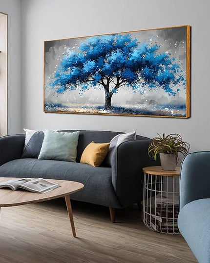 Ouzzlie Tree Wall Decor Light Blue Wall Art for Living Room Gray Painting Large Artwork 29" x 59"